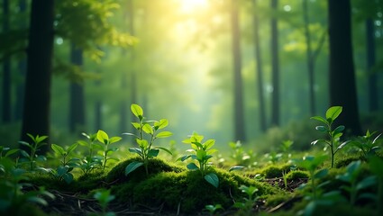 Obraz premium Sunlight illuminates vibrant green plants in a mossy forest. Ideal for nature, environment, and botanical-themed designs and projects