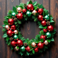 A festive wreath made from artificial Christmas balls in shades of red and green on a dark wooden background, holly sprigs, festive wreath