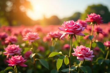 A field of blooming pink fresh roses in full bloom with warm sunlight, flower fields, warm light, lush landscape