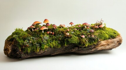 A beautiful moss-covered log dotted with small mushrooms, evoking the quiet beauty of forest ecosystems.