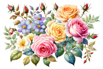 A collection of colorful roses and tiny flowers on a white background - Generative AI