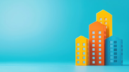 Colorful buildings in playful arrangement against bright blue background