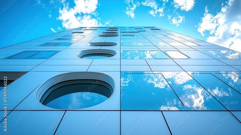 Poster low-angle view of modern building with circular and rectangular windows reflecting blue sky and clou