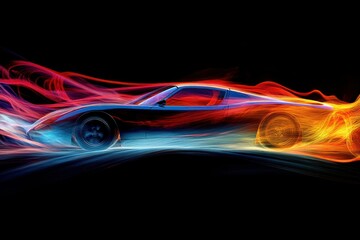 Dynamic and Vibrant Car Illustration with Colorful Light Trails and Abstract Motion Effects Against a Dark Background