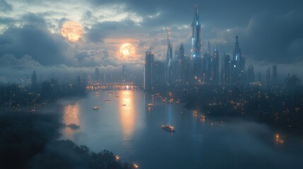 Naklejka premium Futuristic city, river, moonlit night, glowing buildings.