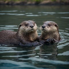 A pair of otters holding hands while floating in a calm river.
