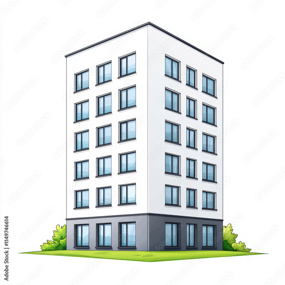 Poster modern building with large windows and greenery surrounding it