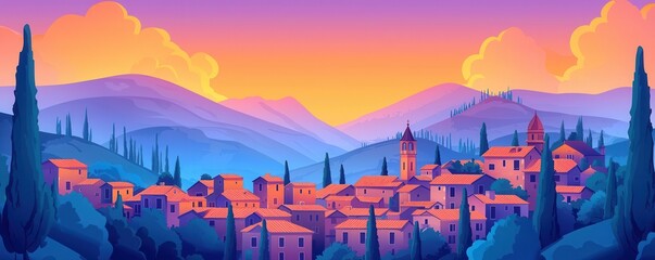Charming Italian village at sunset with rolling hills and cypress trees