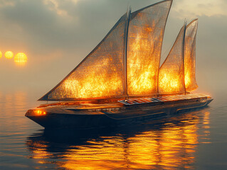 a futuristic majestic solar-powered solar-powered ancient Egypt yacht sailing on the ocean during a beautiful sunset. The sails are illuminated with a warm, golden light