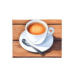 beautiful watercolor of coffee cup on wooden table, evoking warmth and comfort