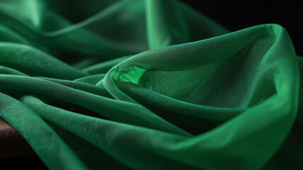 Green transparent fabric flowing by wind