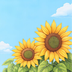 Obraz premium Bright sunflowers bloom against clear blue sky, radiating warmth and joy. Their vibrant yellow petals and green leaves create cheerful scene