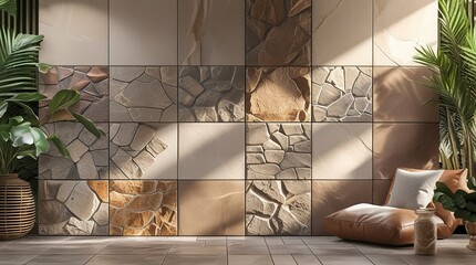 A collection of ceramic stones of varied sizes, showcasing a seamless texture, precise cuts, and natural tones, suitable for wall cladding or table tops, sharp details,generative ai