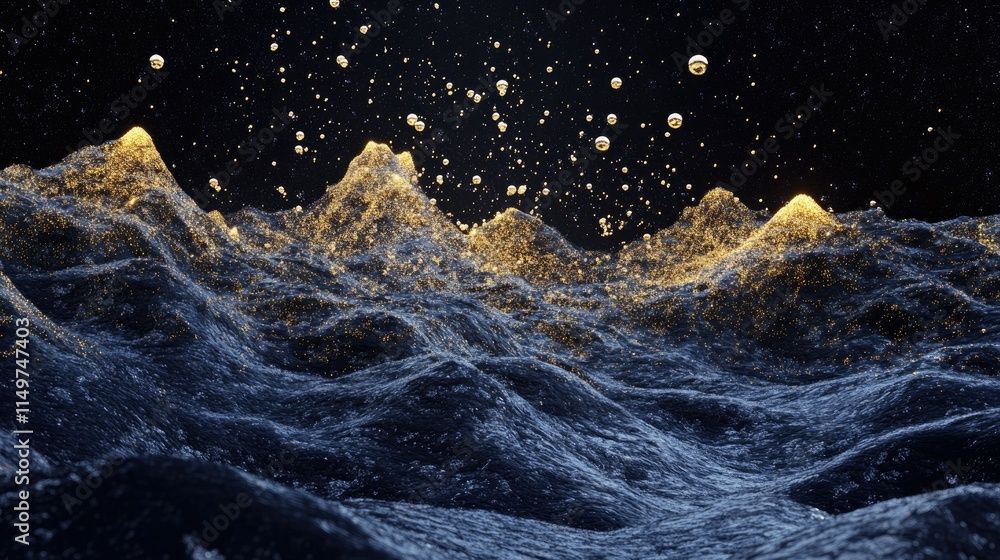 Poster abstract view of shimmering bubbles floating upwards in water, highlighted against a deep, dark back