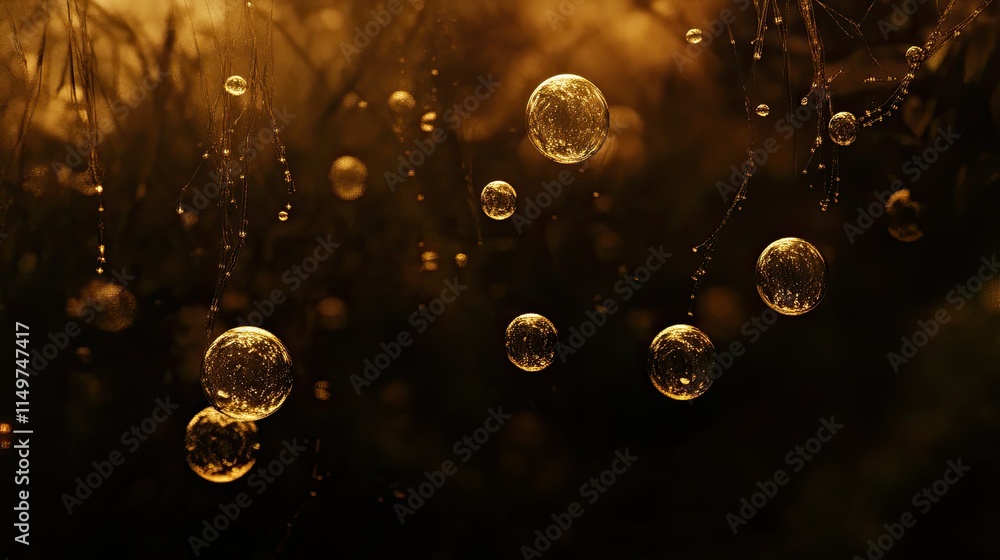 Poster abstract view of shimmering bubbles floating upwards in water, highlighted against a deep, dark back