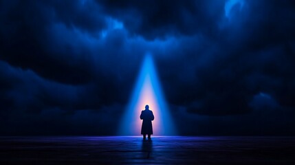 Silhouette figure standing amidst dramatic night sky, illuminated by a spotlight.
