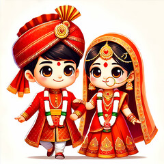 Cute indian couple wedding character illustration design background 