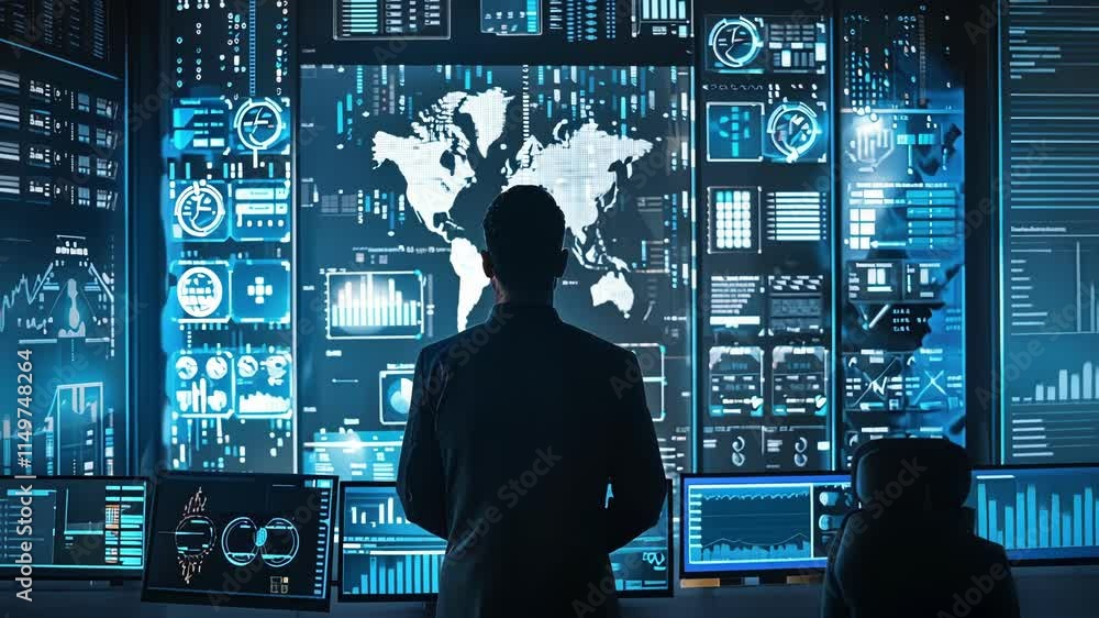 Poster it specialist is working in a network operations center analyzing big data on multiple computer scre