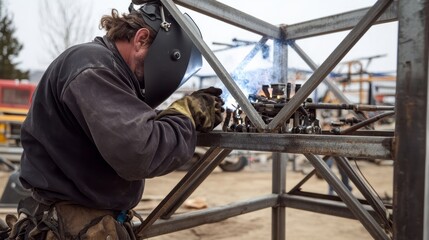 Fototapeta premium A man is working on a metal structure, wearing a black jacket and a black helmet