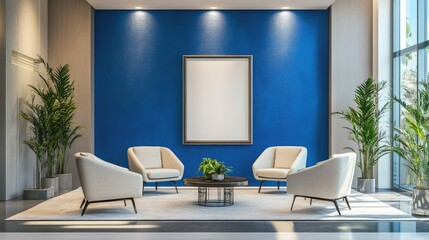 Bright and modern room with a textured blue wall, inviting armchairs, and a coffee table, featuring an empty frame for mockups.