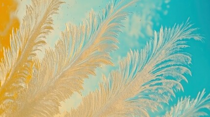 Intricate Frost Patterns on a Glass Surface Showcasing Nature's Artistry in a Blue and Orange Gradient Background for Decorative and Abstract Use