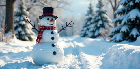 Fototapeta premium A large snowman in the middle of a snow-covered yard with a bright green grass, snow-covered trees, icy pathway