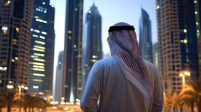 Arab businessman wearing traditional clothes is looking at the illuminated skyscrapers of dubai marina at sunset, with hands in his pockets