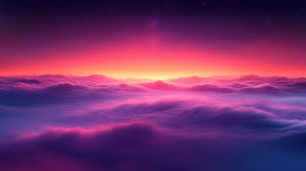 Fototapeta premium Vibrant sunset above a sea of clouds, showcasing a breathtaking view of colorful sky and fluffy clouds.
