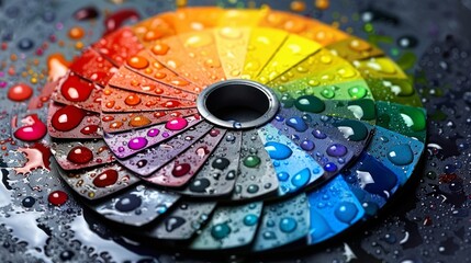 Obraz premium Colorful paint swatches with water droplets showcased on a glossy black surface reflecting vibrant hues