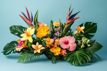Obraz premium Vibrant Floral Arrangement Displaying Tropical Blooms with Colorful Petals, Exotic Leaves, and a Soft Blue Background Creating a Cheerful and Lively Decor Inspiration