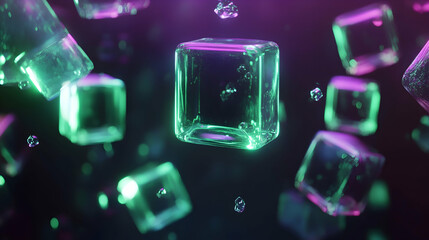 Futuristic 3D abstract background with floating, translucent cubes and spheres, illuminated by flickering neon green and purple lights in a dark space