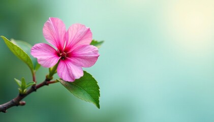 Obraz premium A single pink flower blooming on a branch with green leaves, green branches, leafy branches