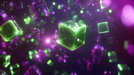 Futuristic 3D abstract background with floating, translucent cubes and spheres, illuminated by flickering neon green and purple lights in a dark space