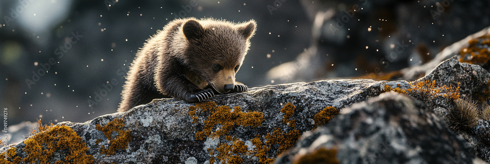 Poster a bear cub climbing over a granite boulder, with the soft glow of lichen and early morning mist crea