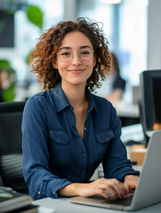 Portrait d'une travailleuse de bureau : jeune femme en tenue professionnelle assise devant un ordinateur, assistante de direction, chef de projet, cadre administratif, juriste, RH au travail
