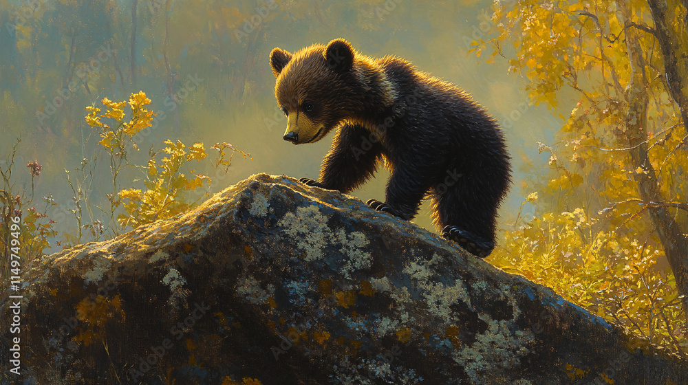 Poster a bear cub climbing over a granite boulder, with the soft glow of lichen and early morning mist crea