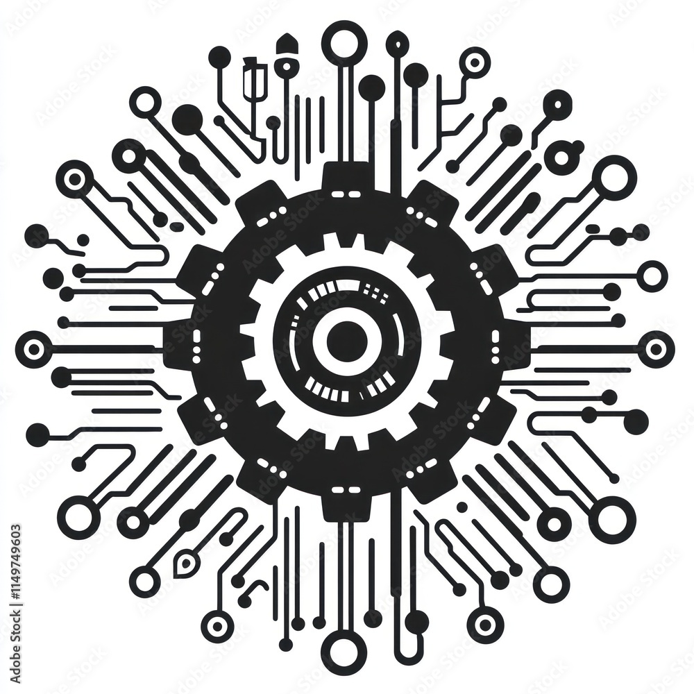 Poster abstract gear connected to circuitry network design