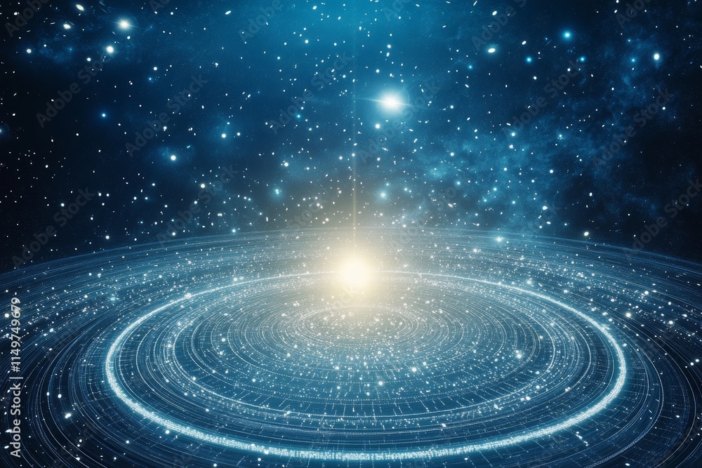 Poster a sci fi star map of the universe with circular designs and lines surrounding earth in dark space