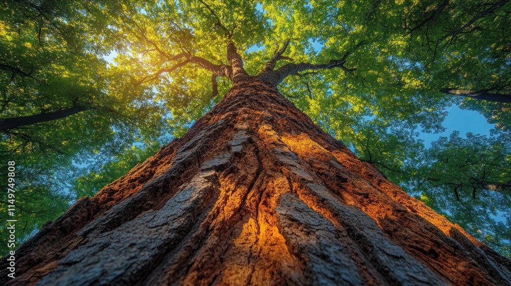 Poster low-angle view of a large tree trunk with sunlight shining through the leaves.