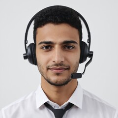 Portrait of man in call center with smile, headset and happy to help at customer service agency or sales desk. Telemarketing, communication or reception, businessman with cheerful face . Ai generator 