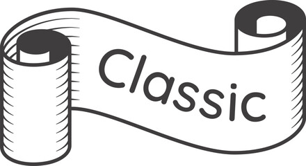 Waving scroll banner featuring the word classic in a simple yet elegant vintage style, ideal for labeling traditional products and conveying a sense of timeless quality
