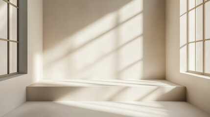 Fototapeta premium Luminous room with large windows and gentle sunlight on polished floor