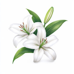 Fototapeta premium Beautiful white lilies with green leaves, showcasing elegance and purity