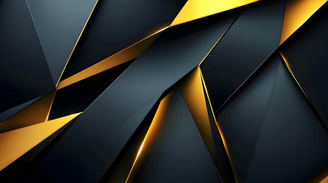 Geometric 3D abstract background with sharp, angular shapes, metallic surfaces, and contrasting colors like gold and black, offering a bold and sophisticated look