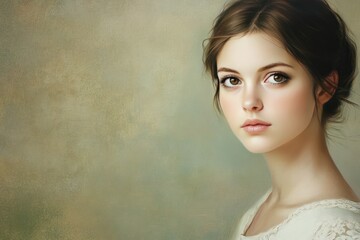 Portrait of a Young Woman with Soft Features and Warm Tones Against a Textured Background, Emphasizing Beauty and Serenity in Natural Light