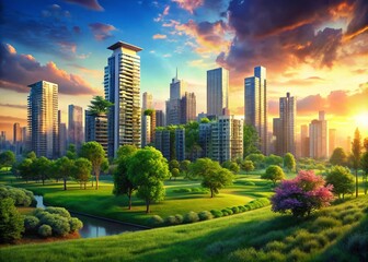 Obraz premium Surreal Empty Modern Cityscape on Lush Green Grass and Trees