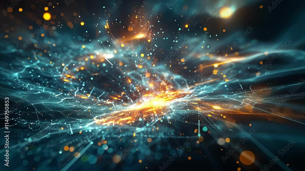 Poster complex network of interconnected nodes and lines forming a dynamic data visualization, representing