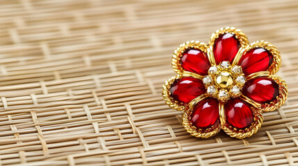Fototapeta premium Red Gemstone Flower Brooch on Woven Mat Illustration