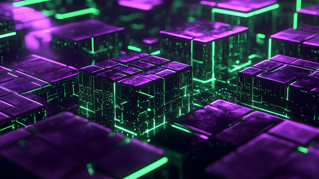 Geometric 3D abstract composition with intricate fractal patterns in vivid green and purple, surrounded by glowing light streaks on a black canvas - Powered by Adobe