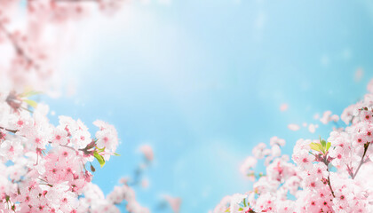 Branches of blossoming cherry macro with soft focus on gentle light blue sky background in sunlight with copy space. Beautiful floral image of spring nature.